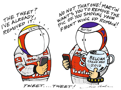 Льюис Хэмилтон и Дженсон Баттон пишут в твиттер - комикс Jim Bamber после Гран-при Бельгии 2012