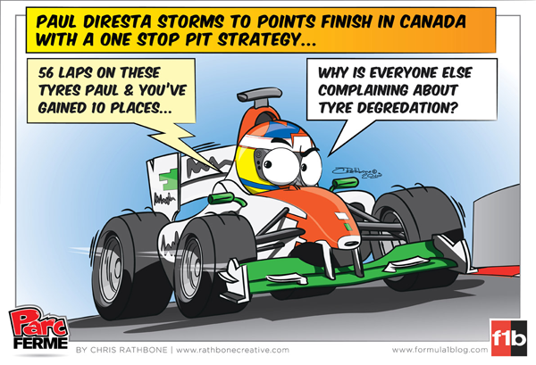 Пол ди Реста прорывается в очки за Force India с одним пит-стопом на Гран-при Канады 2013 - комикс Chris Rathbone