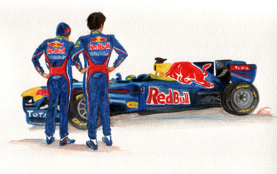 рисунок Себастьян Феттель и Марк Уэббер смотрят на болид Red Bull