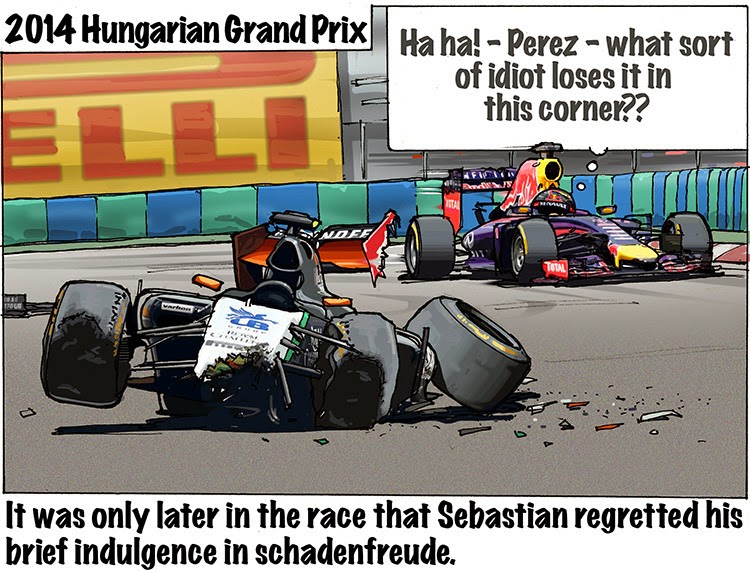 Серхио Перес и Себастьян Феттель ошибаются в одном повороте - комикс Bruce Thomson по Гран-при Венгрии 2014