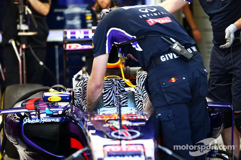 механик устанавливает зебра-сиденье в болид Red Bull Себастьяна Феттеля на Гран-при Канады 2014