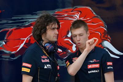 Даниил Квят и механик Toro Rosso на предсезонных тестах в Бахрейне 28 февраля 2014