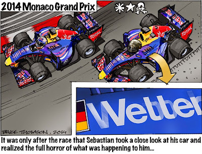 Себастьян Феттель обнаруживает себя в машине Уэббера - комикс Bruce Thomson по Гран-при Монако 2014