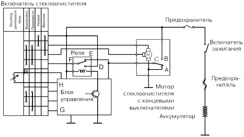 Схема включения мотора стеклоочистителя