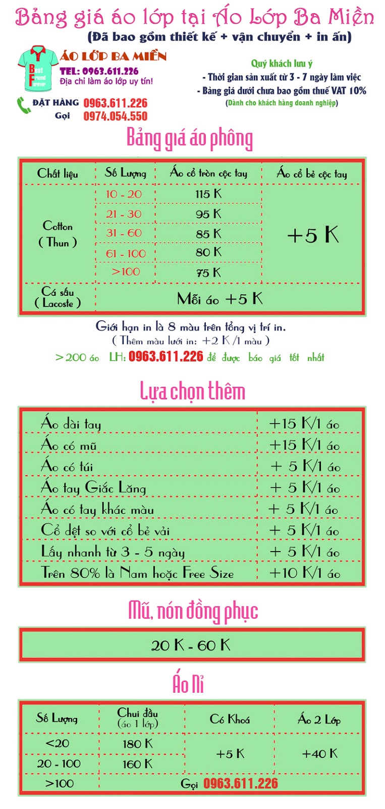 bảng giá làm áo lớp đẹp