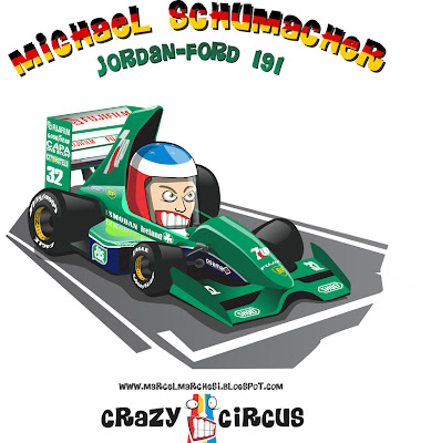 дебют Михаэля Шумахера за рулем Jordan-Ford 191 на Гран-при Бельгии 1991 - карикатура Crazy Circus Marchesi Design