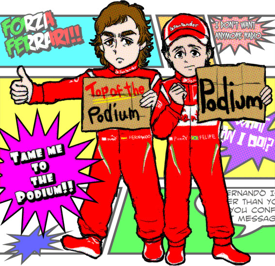 Фернандо Алонсо и Фелипе Масса автостопят для Ferrari - карикатура Chang Midzki
