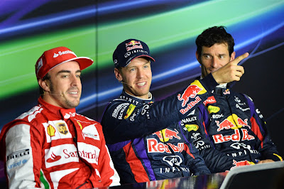 Фернандо Алонсо, Себастьян Феттель и Марк Уэббер на пресс-конференции в воскресенье на Гран-при Италии 2013