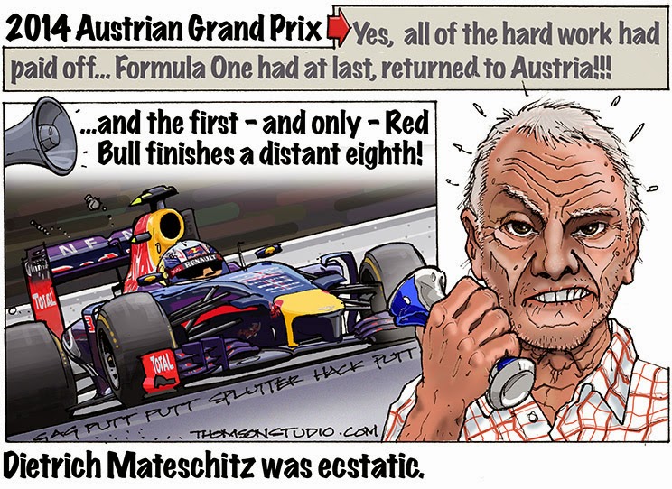 эмоции Дитера Матешица от неудачного выступления на домашней гонке на Гран-при Австрии 2014 - комикс Bruce Thomson
