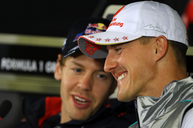 Себастьян Феттель и Михаэль Шумахер на пресс-конференции в четверг на Гран-при Германии 2012