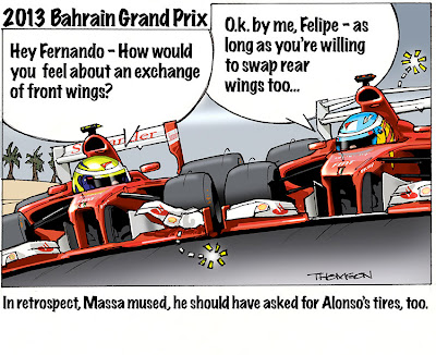 Фелипе Масса и Фернандо Алонсо на Гран-при Бахрейна 2013 - комикс Bruce Thomson