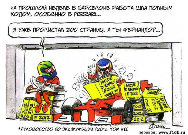 Фелипе Масса и Фернандо Алонсо разбираются с новой Ferrari F2012 - комикс Fiszman