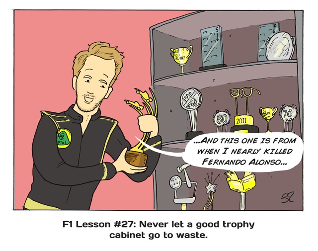 Никогда не позволяй хорошему кабинету для трофеев пустовать - комикс Stuart Taylor по Гран-при Венгрии 2013.