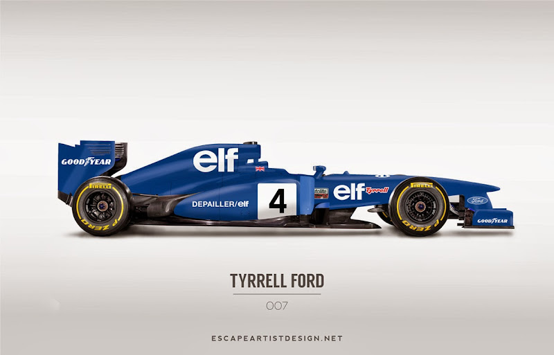 современный болид в раскраске Tyrrell 007 - Escape Artist Design