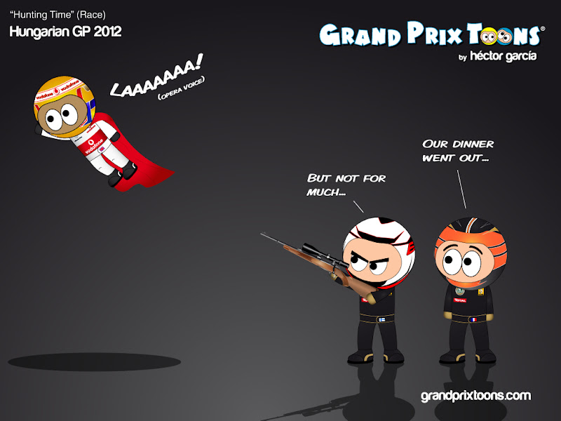 Льюис Хэмилтон улетает от Ромэна Грожана и Кими Райкконена в гонке на Гран-при Венгрии 2012 - комикс Grand Prix Toons