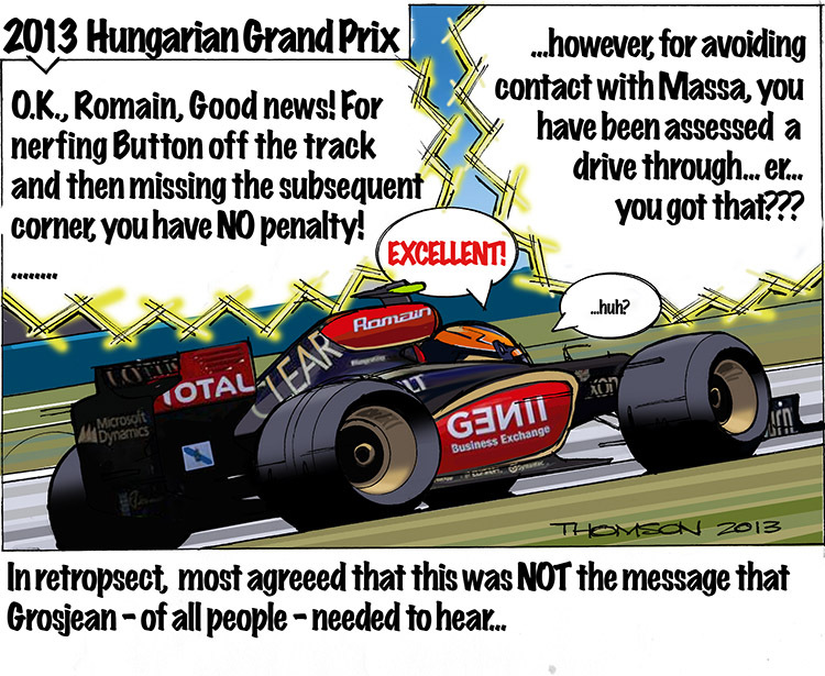 Ромэн Грожан получает проезд по пит-лейну на Гран-при Венгрии 2013 - комикс Bruce Thomson