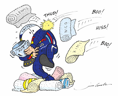 Себастьяна Феттеля освистывают болельщики подиуме Монцы на Гран-при Италии 2013 - комикс Jim Bamber