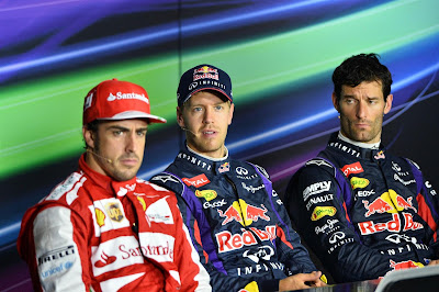 Фернандо Алонсо, Себастьян Феттель и Марк Уэббер на пресс-конференции в воскресенье на Гран-при Италии 2013