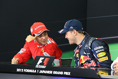 Фелипе Масса и Себастьян Феттель на пресс-конференции победителей и призеров на Гран-при Японии 2012
