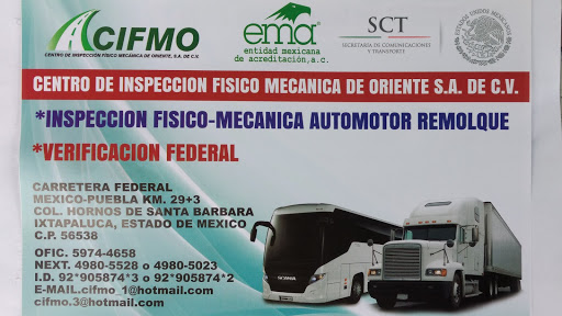 Centro de Inspección Físico Mecánico de Oriente S.A. de C.V., Carretera Federal México - Puebla 8 KM.29+300, Hornos de Santa Barbara, 56570 Ixtapaluca, Méx., México, Estación de inspección de automóviles | EDOMEX