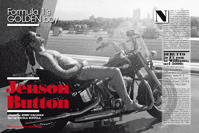 Дженсон Баттон лежит на мотоцикле - страница из журнала Vogue