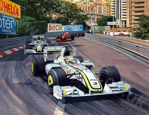 Дженсон Баттон и Рубенс Баррикелло лидируют на Гран-при Монако 2009 за Brawn GP - картина Michael Turner