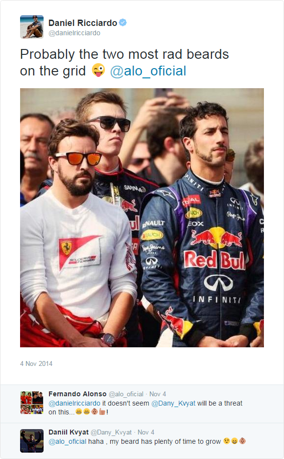 Даниэль Риккардо, Фернандо Алонсо и Даниил Квят обсуждают бороду в твиттере на Гран-при США 2014