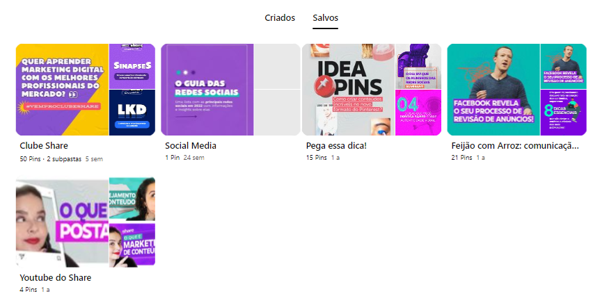 Exemplo de painéis/coleções no Pinterest.