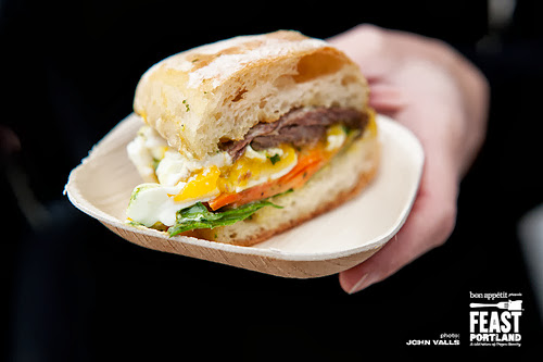 Widmer Brothers Brewing Sandwich Invitational 2012 Bunk served up this matahambre (hunger killer), a play on a traditional sandwich from Argentina with chuck steak and a slow-cooked egg marinated in chimichurri, along with spinach and carrot escabeche. Sandwich sample from Feast Portland 2012 event Sandwich Invitational. Copyright All rights reserved by Feast Portland