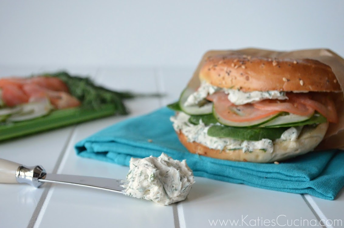 Veggie Bagel Sandwich with Herb and Garlic Cream Cheese from KatiesCucina.com #breakfast #brunch