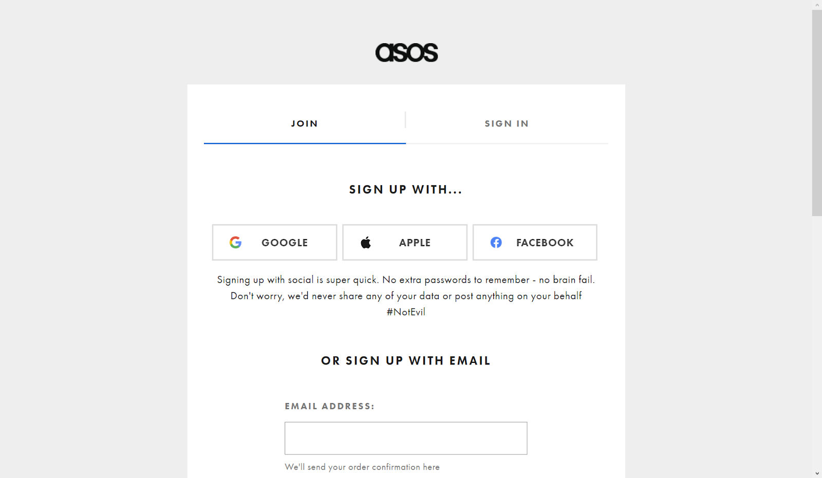 ASOS sign up page