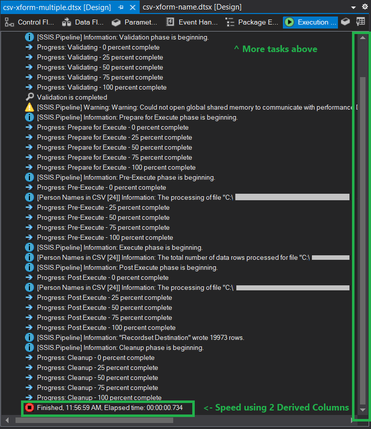 Execution results of using 2 Derived Columns