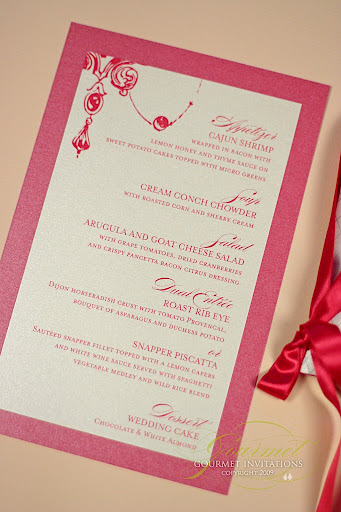 wedding dinner menu, hot pink menu for wedding, wedding menues, wedding menus, crystal wedding menu