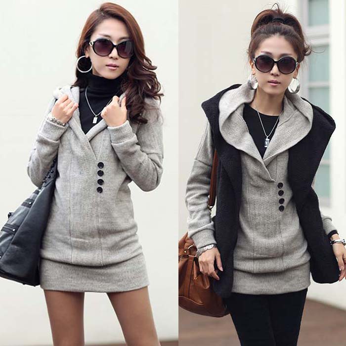 Casual Womens Long Top Knitting Sweater Free Style Buttons Hooded Solid ...