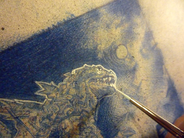 Godzilla sketch card, work in progress, © 2013 Jeff Lafferty