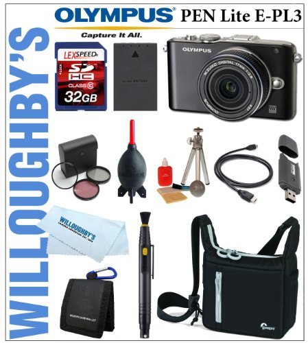 Olympus PEN Lite E-PL3 12.3 MP CMOS Sensor Micro Four Thirds Interchangeable Lens Digital Camera with 17mm f/2.8mm Lens (Black) + LEXSpeed 32GB SDHC Memory Card + Extra PS-BLS1 Battery + Deluxe Digital SLR Camera Bag + 3pc 37mm Multi-Coated Essential Filter Kit