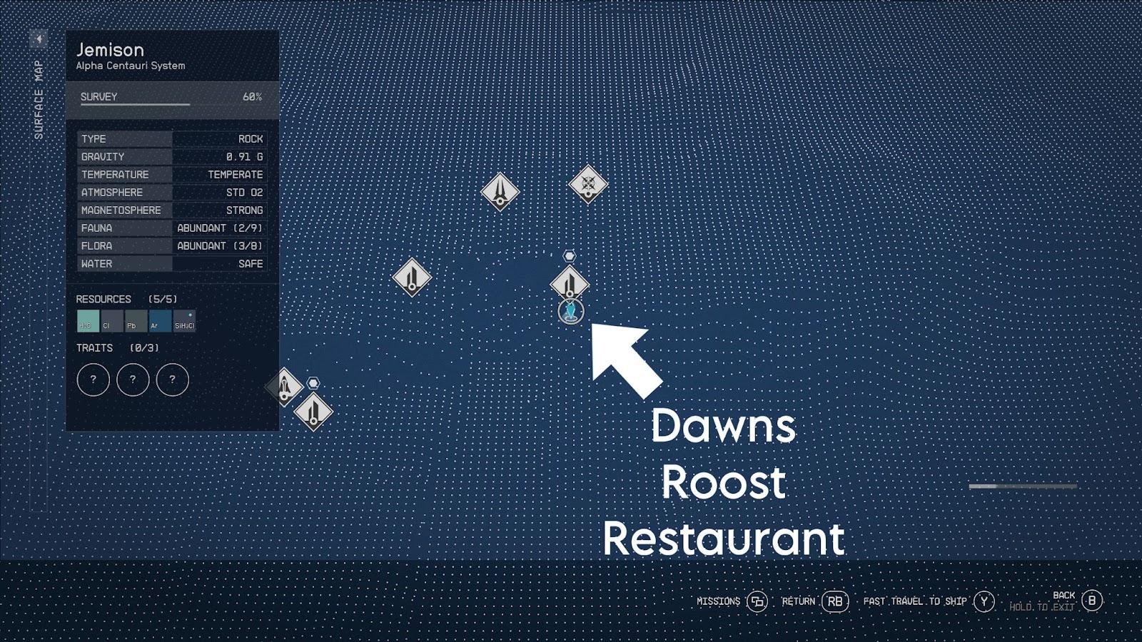 An in game screenshot of the map of New Atlantis in Starfield with an arrow pointing at the Dawns Roost Restaurant. 