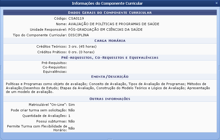 Figura 8: Informações do Componente.