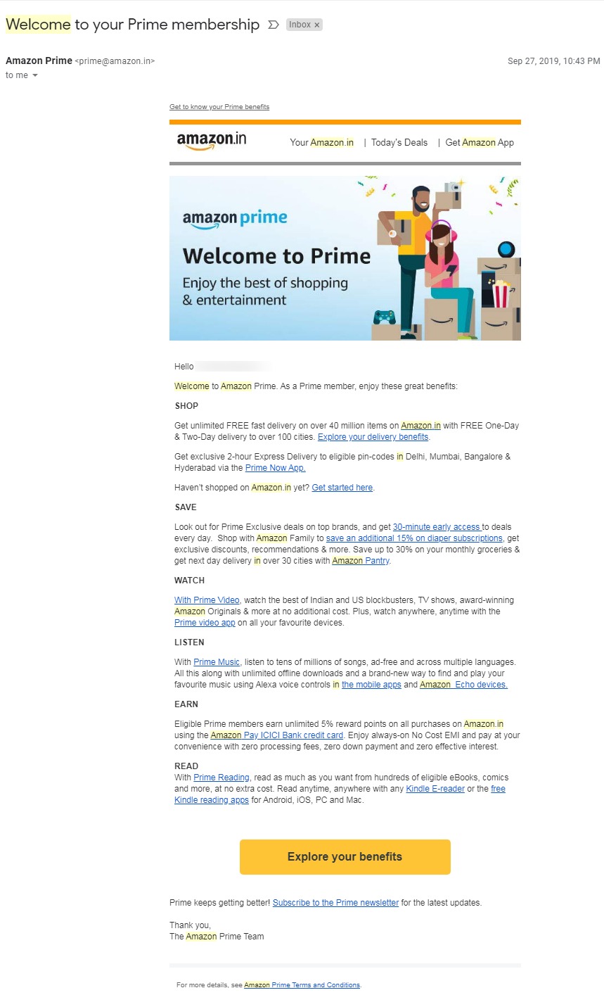 Amazon's Prime Welcome Onboard Email