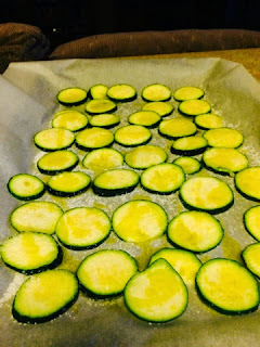 Fancy Feast at the Frobuzz House: Lobster Dinner with Zucchini Chips Sliced zucchinis ready for the oven