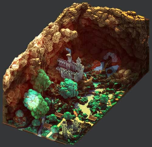 castillo escondido en valle rocoso voxel-art diorama