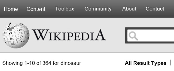 Wikipedia search header with dark gray background