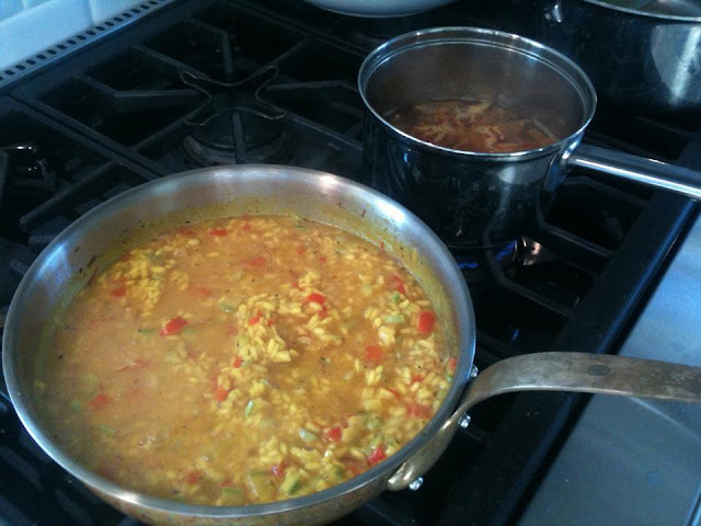 making risotto with squash and red peppers, including a saffron broth