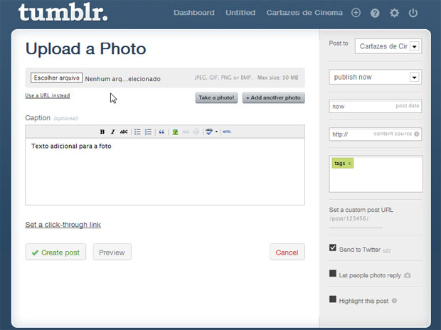 Janela de postagem no Tumblr Janela de postagem no Tumblr