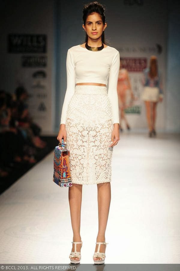Margarita showcases a creation by designer duo Pankaj and Nidhi on Day 2 of the Wills Lifestyle India Fashion Week (WIFW) Spring/Summer 2014, held in Delhi.