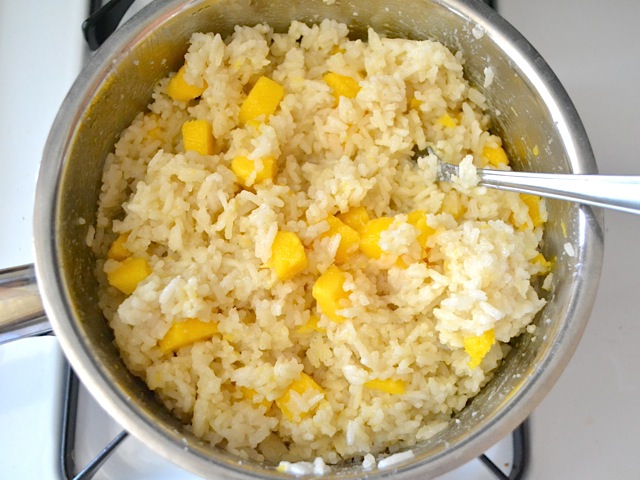 coconut mango jasmine rice mixed together and ready to serve 