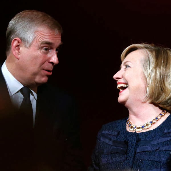 Former U.S. Secretary of State Hillary Clinton speaks with Britain's Prince Andrew after receiving the Chatham House Prize at Banqueting House in central London.