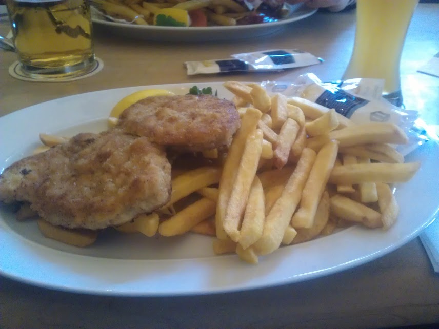 Bild vom Teller mit dem Schnitzel und den Pommes