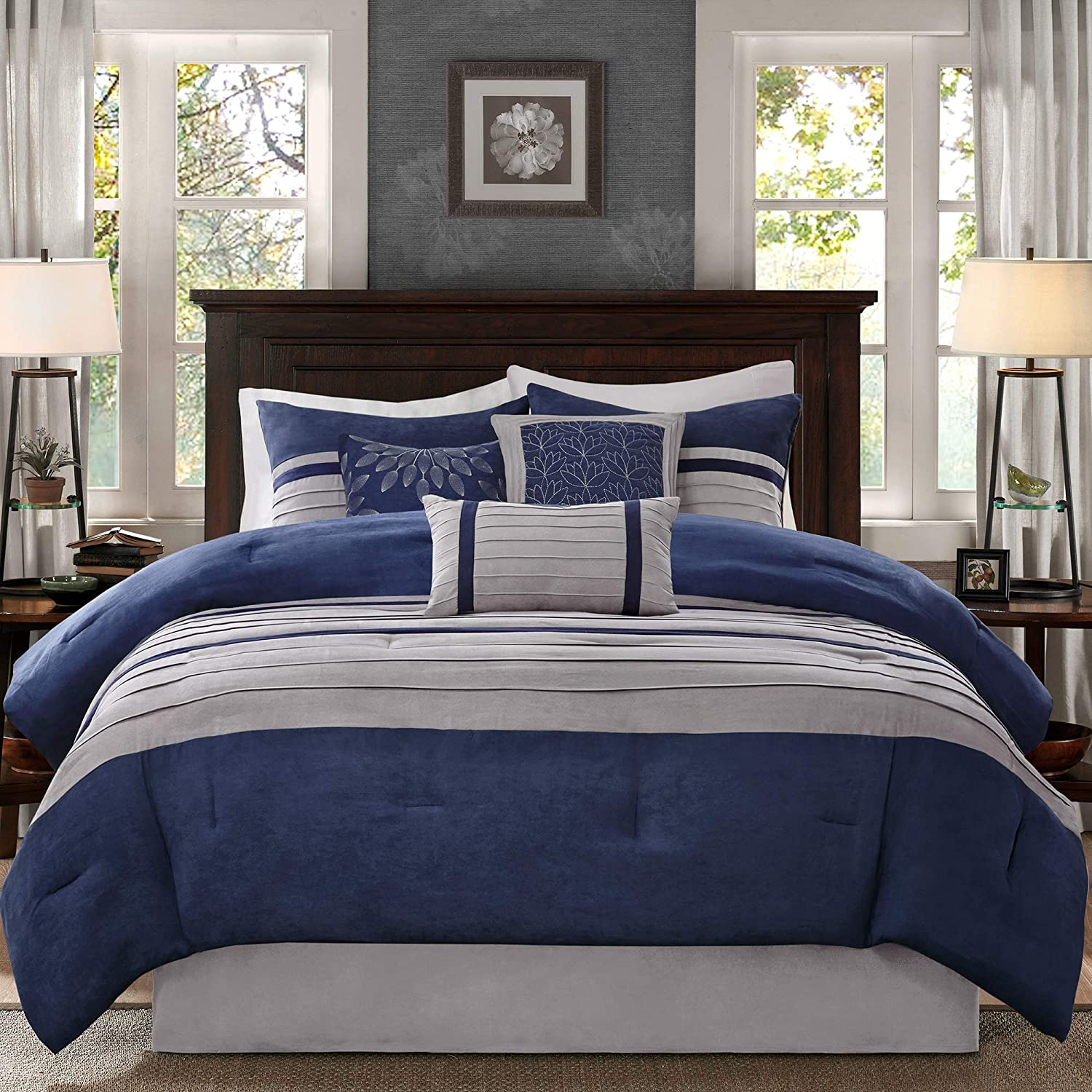 Simple patterned comforters can make a sleigh bed more modern