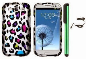  SAMSUNG GALAXY S III S3 combination - Premium Pretty Design Protector Hard Cover Case / Car Charger / 1 of New Assorted Color Metal Stylus Touch Screen Pen (Colorful Leopard On Silver)